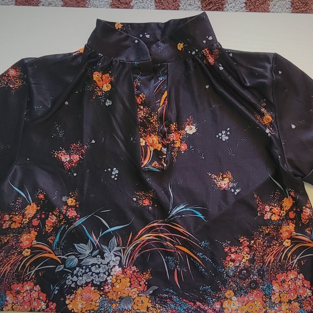 Vintage Floral Blouse Mandarin Collar